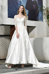 A-Line Satin Lace 3/4 Sleeves Ankle Length Wedding Dresses