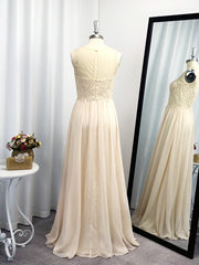 A-line Scoop Appliques Lace Floor-Length Chiffon Dress