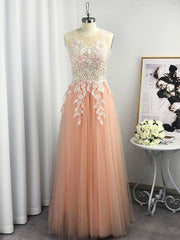 A-line Scoop Appliques Lace Floor-Length Tulle Dress