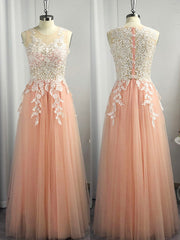 A-line Scoop Appliques Lace Floor-Length Tulle Dress