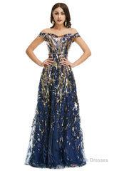 A Line Sequins Off the Shoulder Long Prom Dresses