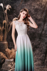 A Line Sleeveless Appliques Ombre Silk Like Satin Floor Length Prom Dresses