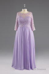 Lilac A-Line 3/4 Sleeves Scoop Lace Prom Dress