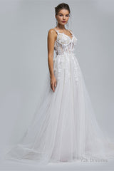 A-Line Spaghetti Strap Sweetheart Tulle Applique Floor-Length Sleeveless Wedding Dresses