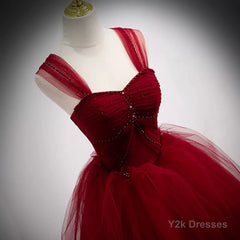 A Line Spaghetti Straps Beaded Burgundy Tulle Long Prom Dresses, Long Burgundy Formal Evening Dresses