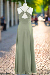 A Line Spaghetti Straps Chiffon Long Bridesmaid Dress with Slit Backless