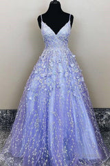 Lavender Spaghetti Straps Lace Floral A-line Formal Gowns Long Prom Dresses