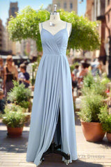 A-Line Spaghetti Straps Ruched Long Chiffon Bridesmaid Dress with Slit