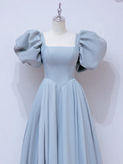 A-Line  Square Neckline Puff sleeves Long Blue Prom Dress, Blue Long Formal Dress