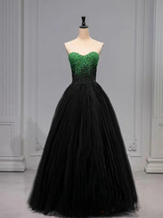 A Line Sweetheart Neck Green Beads Black Tulle Long Prom Dress Evening Dress