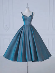 A-Line Sweetheart Neck Satin Tea Length Blue Prom Dress, Blue Formal Dress