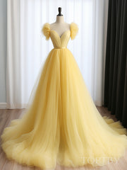 A-Line Sweetheart Neck Tulle Yellow Long Prom Dress, Yellow Long Formal Dress