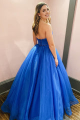 A Line Sweetheart Royal Blue Long Prom Dress with Beading and Pockets