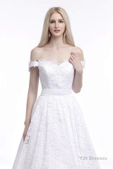 A Line Tea Length Lace Off Shoulder Mid-length Wedding Dresses