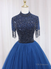 A-Line Tulle Blue Long Prom Dress, Blue Formal Evening Dress with Beading