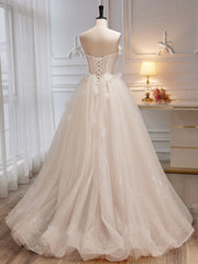 A-Line Tulle Flower Light Champagne Long Prom Dresses, Shiny Formal Dresses