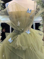 A-Line  Tulle Green Long Prom Dress, Green Tulle Long Sweet 16 Dress