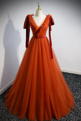 A-Line Tulle Long Prom Dress, Orange V-Neck Long Simple Evening Dress