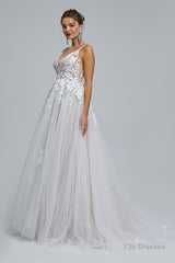 A-Line Tulle V-Neck Lace Beaded Flower Wedding Dresses