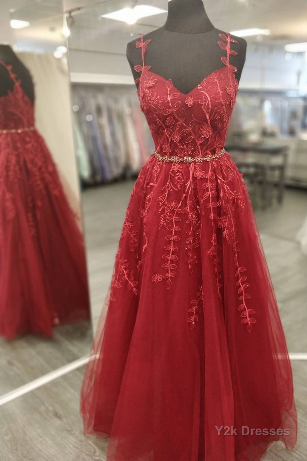 A Line V Neck and V Back Burgundy Lace Floral Long Prom Dress, Burgundy Lace Formal Evening Dress