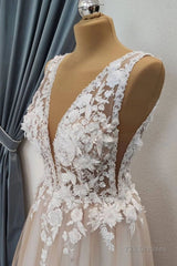 A Line V Neck Appliques Lace Prom Dress, Lace Formal Graduation Evening Dress