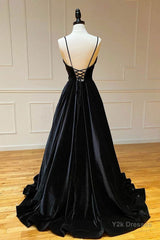 A Line V Neck Backless Black Velvet Long Prom Dresses, V Neck Black Formal Dresses, Black Velvet Evening Dresses