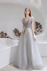 A Line V-Neck Beaded Floor Length Prom Dresses With Short Sleeves