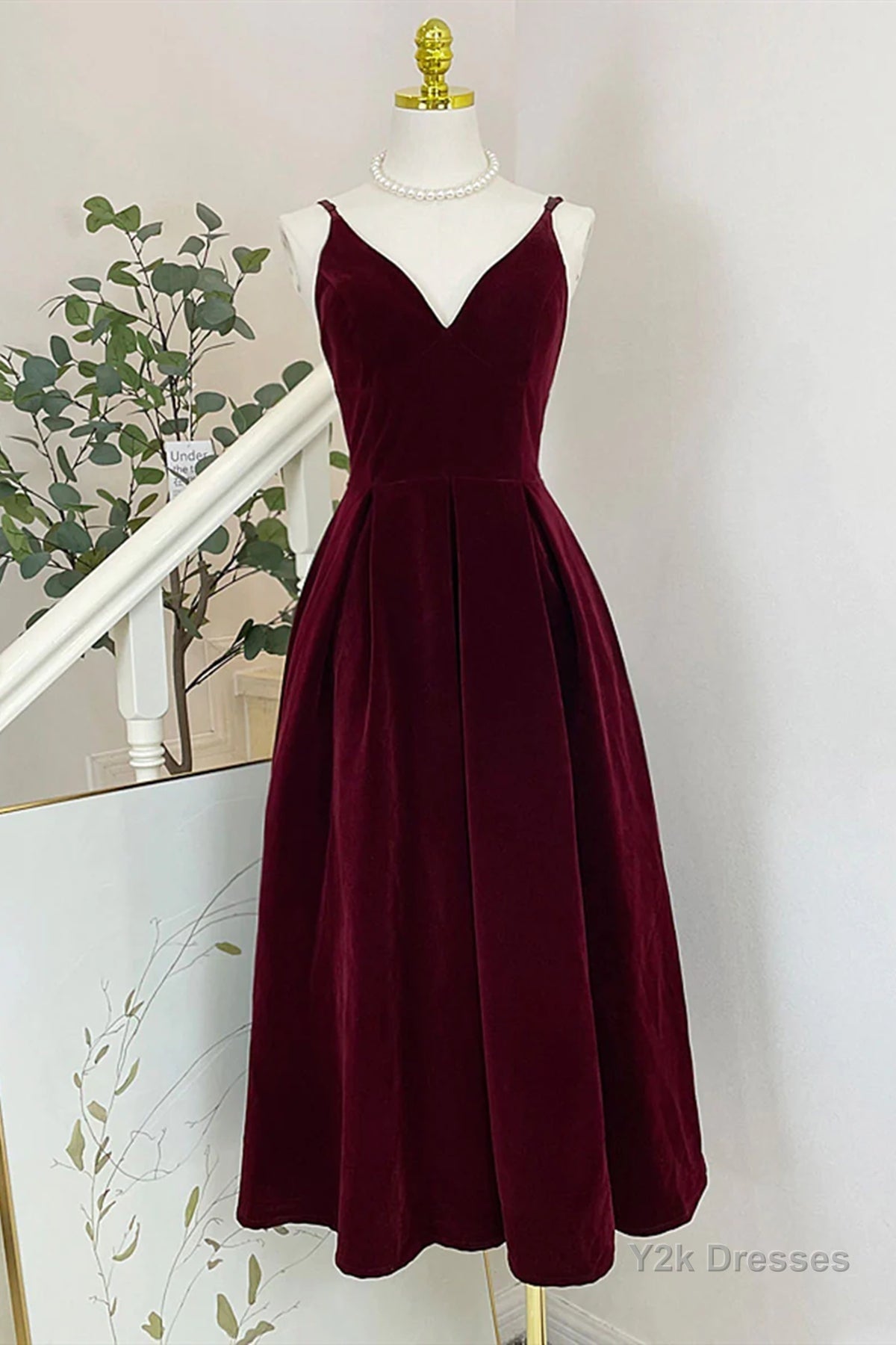 A Line V Neck Burgundy Black Tea Length Prom Dresses, Short Black Wine Red Formal Homecoming Dresses