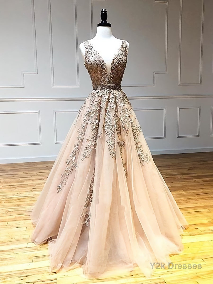 A Line V Neck Champagne Lace Prom Dresses, V Neck Champagne Lace Formal Graduation Evening Dresses