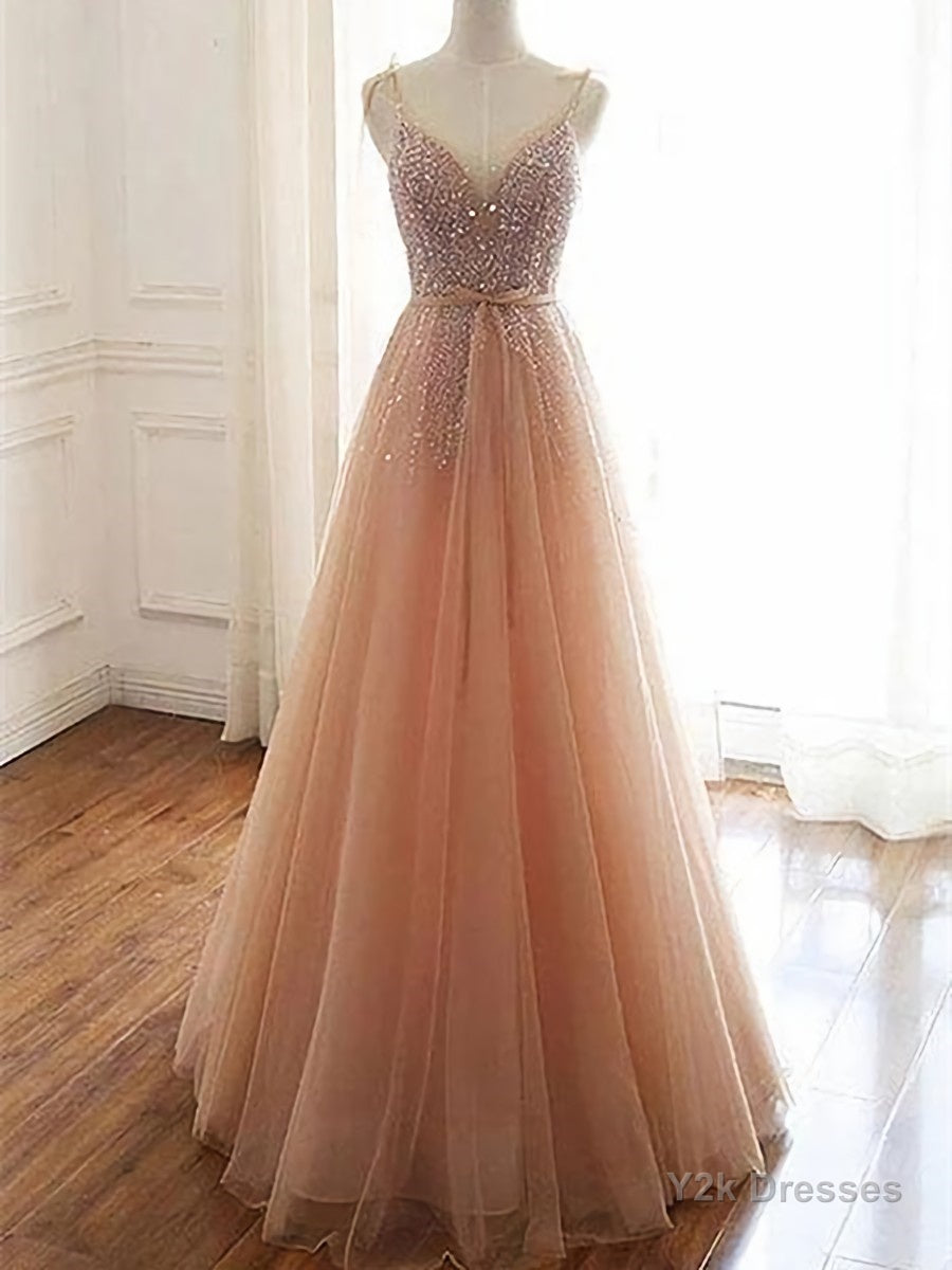 A Line V Neck Champagne Tulle Long Beaded Prom Dresses, Champagne Long Formal Evening Dresses