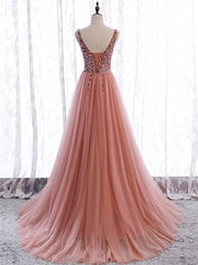 A Line V Neck Dark Pink Beaded Long Prom Dresses, V Neck Pink Long Formal Graduation Dresses