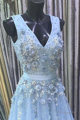 A Line V Neck Floral Light Blue Lace Long Prom Dress, Light Blue Lace Formal Graduation Evening Dress