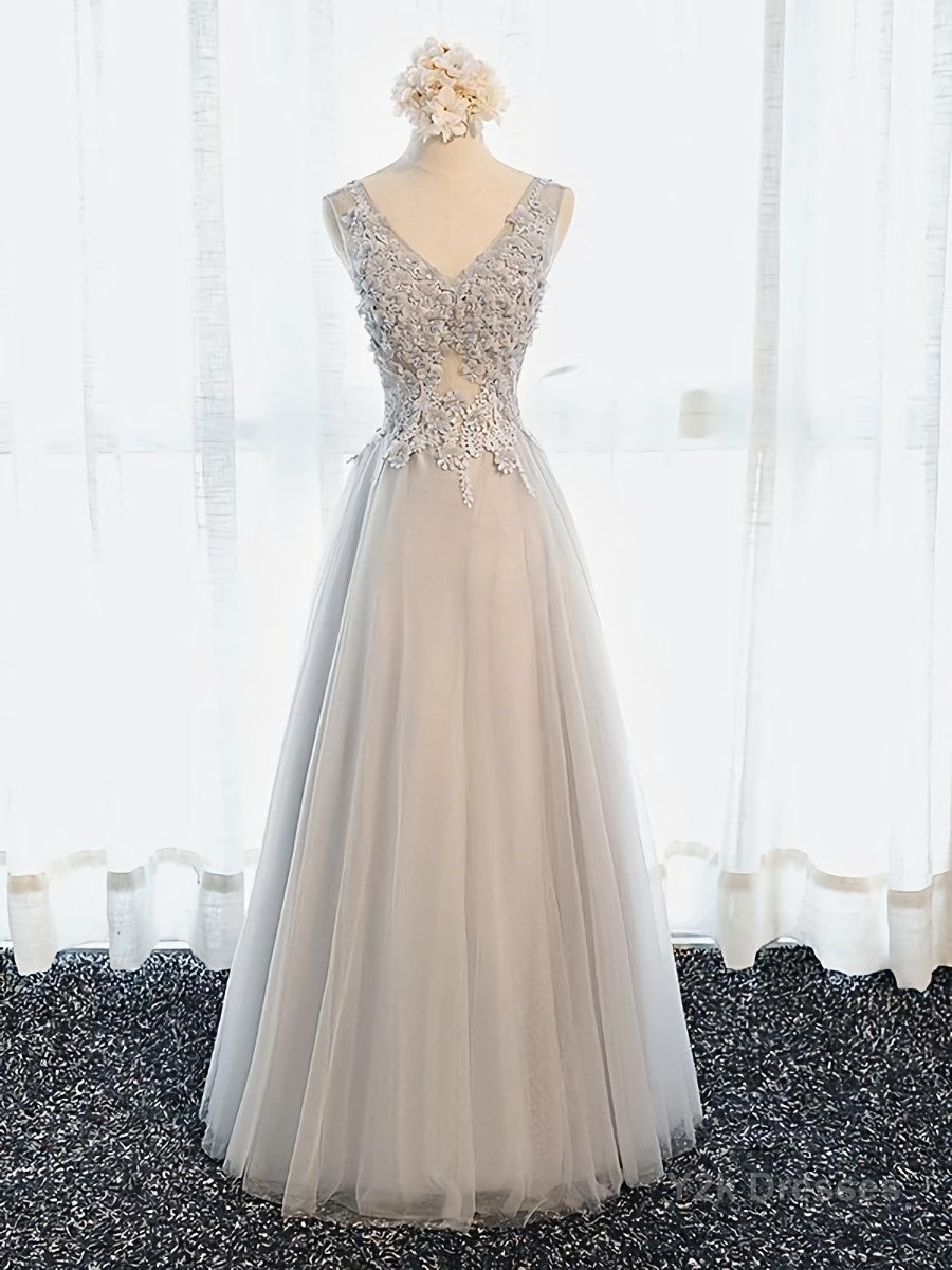 A Line V Neck Gray Floral Long Prom Dresses, V Neck Gray Long Floral Formal Bridesmaid Dresses