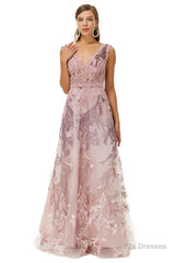 A-line V-neck Lace Beaded Applique Floor-length Sleeveless Prom Dresses