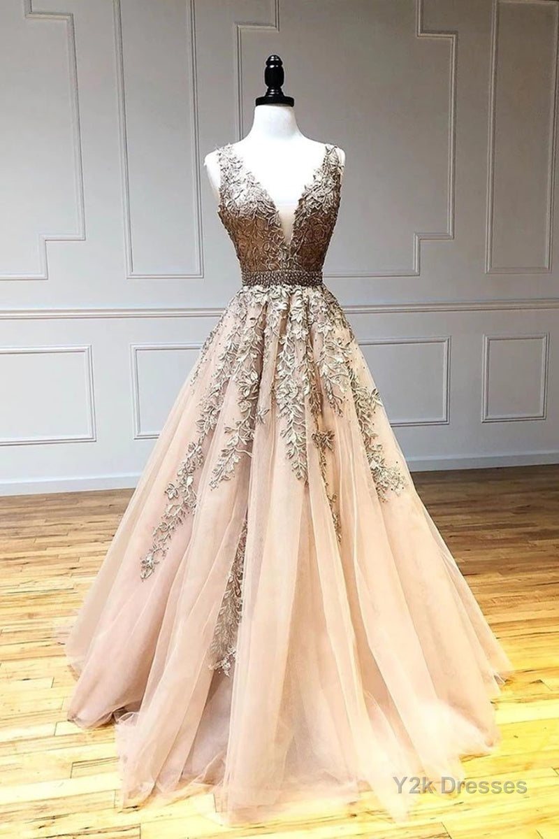 A Line V Neck Lace Champagne Tulle Long Prom Dress, V Neck Lace Champagne Formal Dress, Champagne Lace Evening Dress