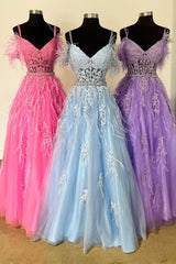 A line V Neck Lace Tulle Prom Dress with Beading and Feather