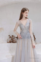 A Line V-Neck Long Sleeve Beading Tulle Court Train Prom Dresses