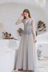 A Line V-Neck Long Sleeve Beading Tulle Court Train Prom Dresses