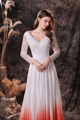 A Line V-Neck Long Sleeve Ombre Silk Like Satin Sweep Train Prom Dresses