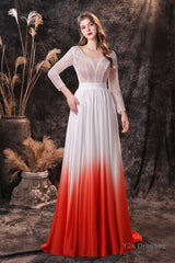 A Line V-Neck Long Sleeve Ombre Silk Like Satin Sweep Train Prom Dresses