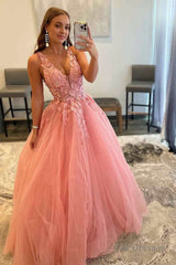 A-Line V-Neck Long Tulle Prom Dress with Appliques