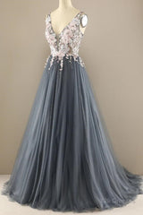 A Line V Neck Open Back Appliques Gray Long Prom Dresses, V Neck Grey Formal Dresses, Gray Evening Dresses