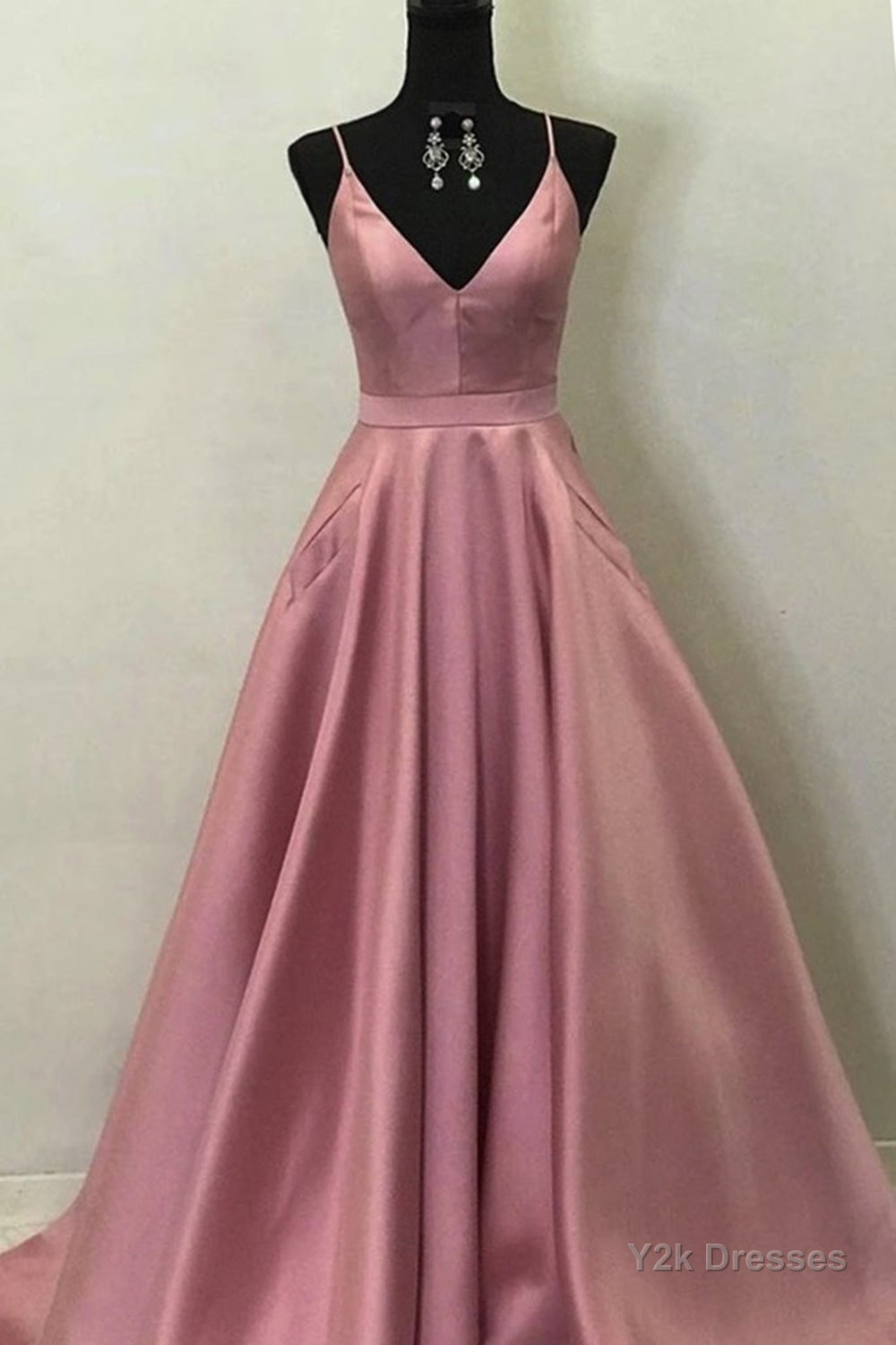 A Line V Neck Open Back Pink Satin Long Prom Dresses, Open Back Pink Formal Graduation Evening Dresses