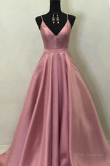 A Line V Neck Open Back Pink Satin Long Prom Dresses, Open Back Pink Formal Graduation Evening Dresses