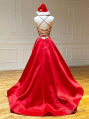 A Line V Neck Red Backless Prom Dresses, Red Backless Long Formal Evening Graduation Dresses