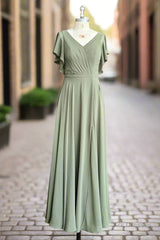 A-line V-neck Ruffle Sleeves Pleats Chiffon Bridesmaid Dress with Ruffles