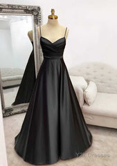 A-line Sweetheart Spaghetti Straps Satin Long Prom Dress with Pleated