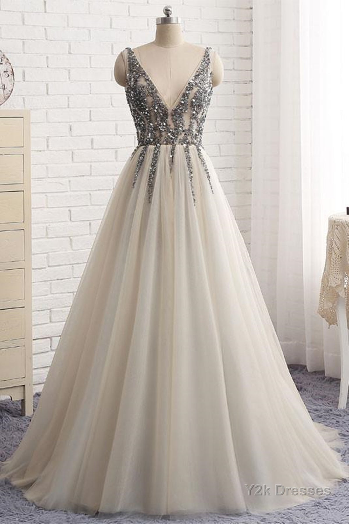 A Line V Neck Silver Gray Long Prom Dresses, Silver Grey Beaded Long Formal Evening Dresses