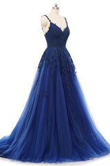 A-line V-neck Spaghetti strap Floor-length Sleeveless Backless Appliques Lace Elegant Prom Dress