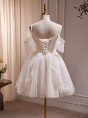 A-Line V Neck Tulle Short Beige Prom Dress, Cute Beige Homecoming Dress